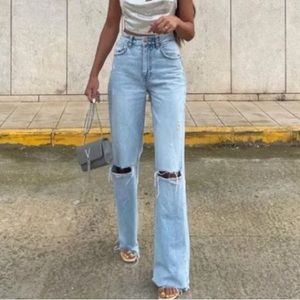 ZARA high rise wide leg ripped jeans